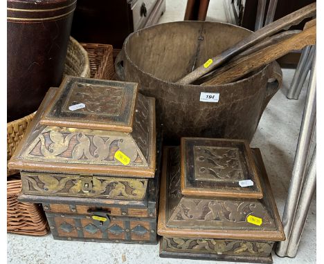 A large Indian treen ware cylindrical two-handled pot, 35.5 cm diameter x 25 cm high, two brass bound rectangular caskets, a 
