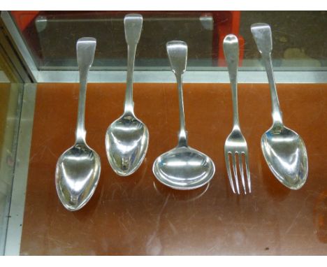 THREE HM LONDON SILVER 1805 SPOONS, A HM LONDON SILVER 1803 FORK AND A PLATED LADLE, 9OZ APPROX 