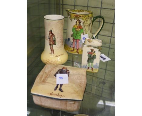 ROYAL DOULTON SERIESWARE UNDER THE GREENWOOD TREE ALAN A DALE JUG, A ROBIN HOOD RECTANGULAR VASE, ROYAL DOULTON TAPERED VASE 