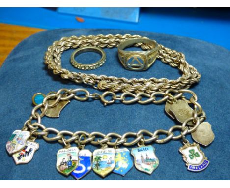 .800 SILVER BRACELET WITH ENAMEL CONTINENTAL CHARMS, RING AND SILVER ROPE TWIST CHAIN