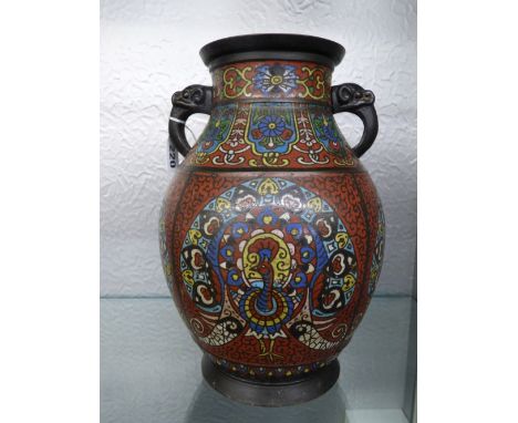 CHINESE CLOISONNE ENAMEL BALUSTER VASE WITH ELEPHANT MASK HANDLES, BASE REPLACED 29CM APPROX