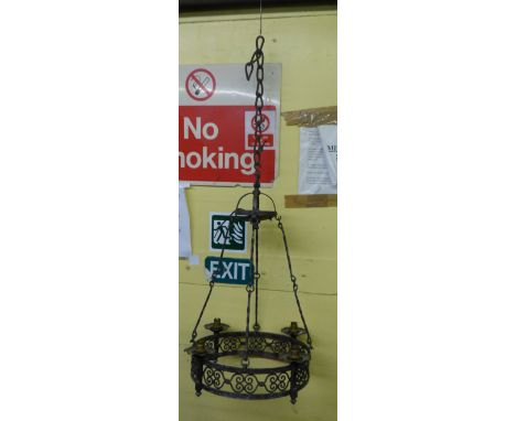 WROUGHT IRON CIRCULAR FOUR LIGHT HANGING  CEILING FITTING WITH CHAIN
