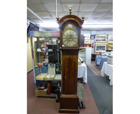 MID 18TH CENTURY LONGCASE CLOCK  OF EIGHT DAY DURATION THE ARCHED BRASS DIAL WITH APPLIED SPANDRELS,SUBSIDARY DIAL AND CALEND