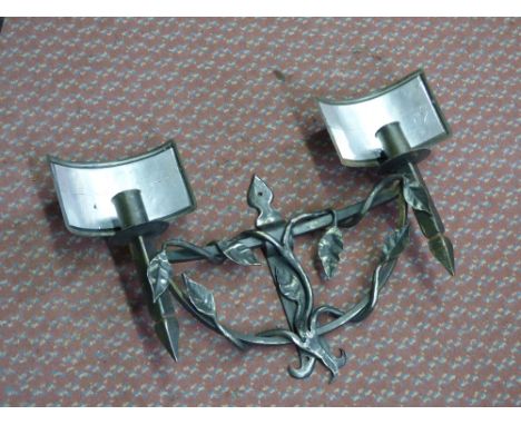 SET OF FOUR CONCAVE WROUGHT IRON ENTWINED BRANCH TWIN LIGHT WALL APPLIQUES CONVERTED FOR ELECTRICITY