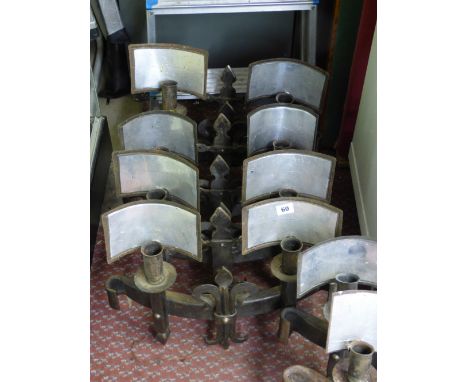 SET OF FOUR WROUGHT IRON FLEUR DE LYS DESIGN TWIN LIGHT WALL APPLIQUES WITH REFLECTORS CONVERTED FOR ELECTRICITY