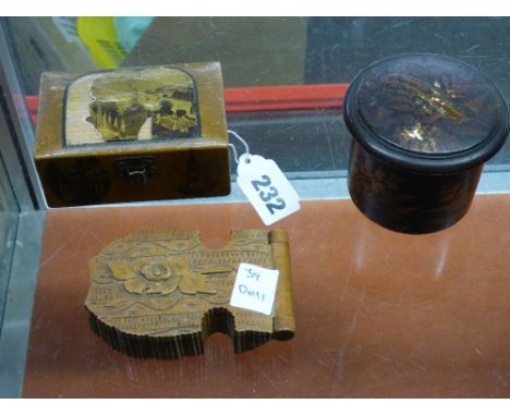 MAUCHLINE WARE BOX DUNKELD CATHEDRAL-DUKE OF ATHOLL AND CARVED SYCAMORE POCKET WATCH HOLDER