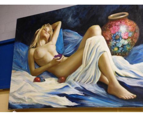 FRANK JOHNSTON (1945-2013) OIL ON CANVAS PORTRAIT OF RECLINING NUDE WITH FRUIT 90CM X 60CM APPROX 