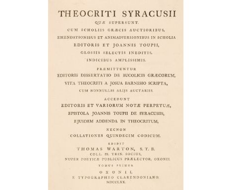 Warton (Thomas). Theocriti Syracusii quae supersunt. Cum scholiis Graecis auctioribus, emendationibus et animadversionibus in