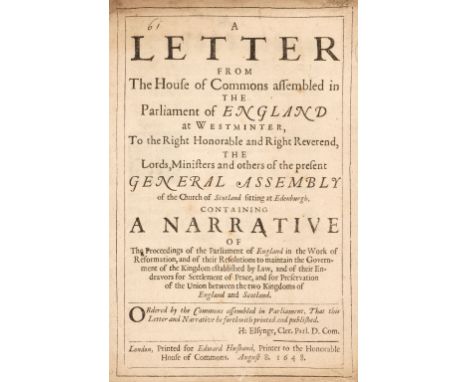 English Civil War. A Letter from the House of Commons assembled in the Parliament of England at Westminter [sic], to the Righ