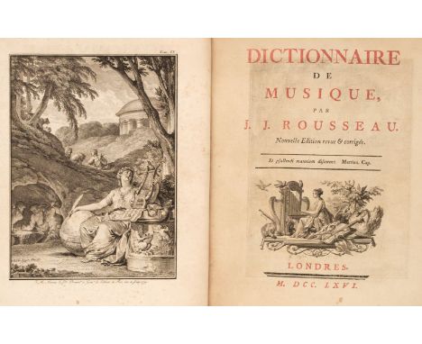 Rousseau (Jean-Jacques). Dictionnaire de Musique, new revised and corrected edition, London: 1766, engraved frontispiece (lig