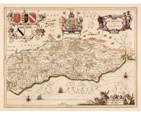 Sussex. Jansson (Jan), Suthsexia vernacule Sussex, Amsterdam, circa 1648, engraved map with contemporary outline colouring he