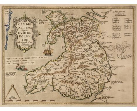  Wales. Ortelius (Abraham & Lhuyd Humphrey), Cambriae Typus Auctore..., [1579], hand-coloured engraved map, mount burning, to