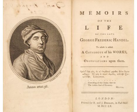 [Mainwaring, John]. Memoirs of the life of the late George Frederic Handel ... A catalogue of his works, and observations upo