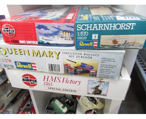 Four assorted Revell and Airfix ship plastic scale model kits including Queen Mary, HMS Victory, Scharnhorst and HMS Suffolk 