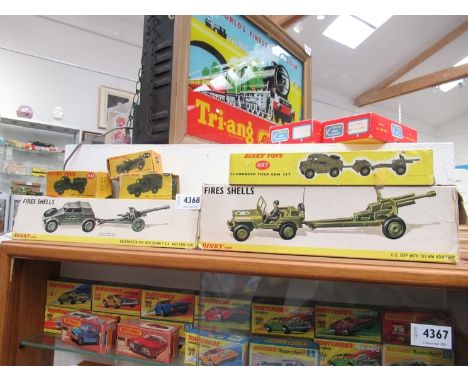 Six boxed Dinky diecast military vehicles to include 697 25-Pounder Field Gun Set, 615 U.S. Jeep With 105MM Howitzer, 617 Vol