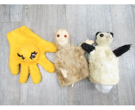 Two vintage glove puppets with straw filled heads to include panda (possibly "Sue") and Chiltern monkey together with a Paper