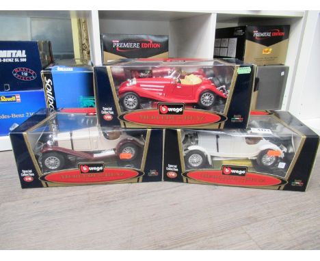 Three boxed Burago Special Collection 1:18 scale diecast cars to include Mercedes-Benz SSKL 1931, Mercedes-Benz 500 K Roadste