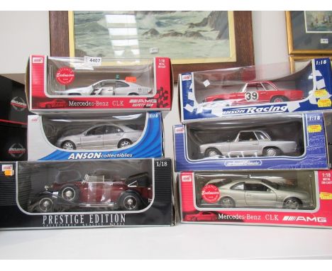 Six boxed Anson 1:18 scale diecast cars to include Mercedes-Benz 230 SL, Mercedes-Benz CLK AMG Safety Car, Mercedes-Benz 280 