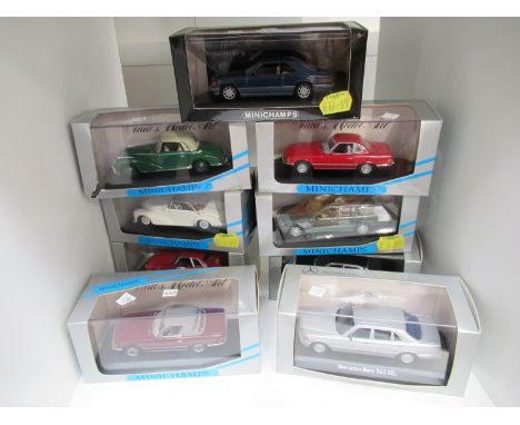 Nine cased Minichamps/Pauls Model Art 1:43 scale diecast cars to include Mercedes 350 SL Cabriolet soft top, Mercedes-Benz 23