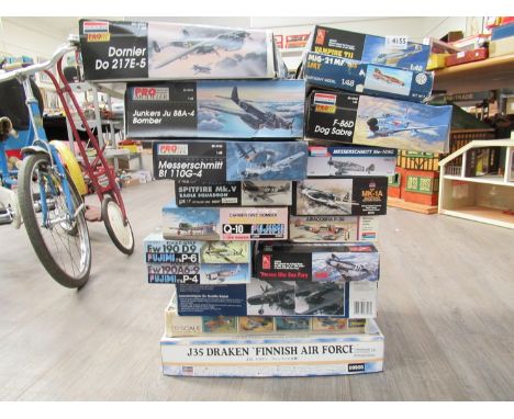 Seventeen assorted 1:48 scale aircraft plastic model kits including Hasegawa, Monogram, Pro Modeller, Gartex, Fujimi, Hobby C