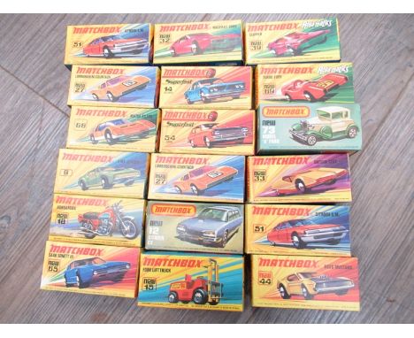 A collection of eighteen boxed Matchbox Superfast diecast vehicles to include 14 Iso Grifo, 65 Saab Sonett III, 27 Lamorghini