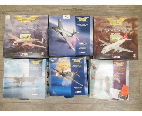 Four boxed Corgi 1:72 scale diecast Aviation Archive aircraft to include Battle Of Britain Hurricane Mk1- No 87 Sqn, Jet Powe