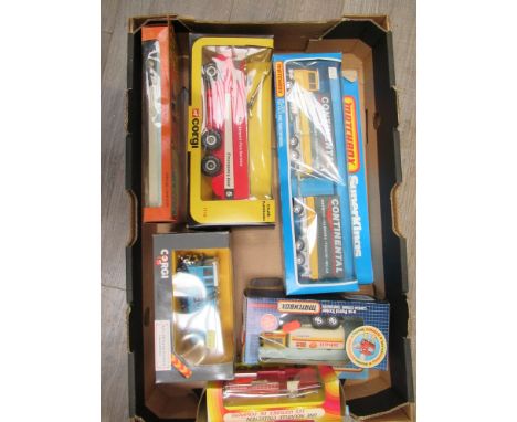 Six boxed diecast commercial vehicles to include Matchbox Superkings K-21 Ford Continental and K-131 Petrol Tanker, Corgi 111