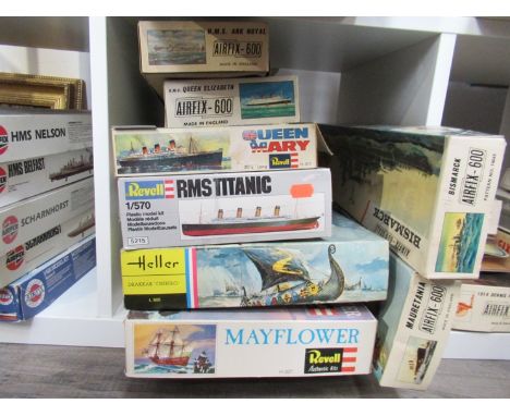 Eight assorted ship plastic scale model kits including Revell, Airfix and Heller 