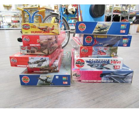 Eleven Airfix 1:48 scale aircraft plastic model kits 