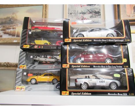 Seven boxed Maisto 1:18 scale diecast cars to include Dream Classics Mercedes-Benz A Class (Formula 1 Design), Mercedes-Benz 