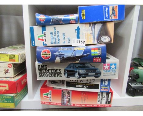 Seven assorted plastic model kits including Italeri Delta HF rally car and Bugatti Royal Coupe Napoleon, Tamiya AMG Mercedes 