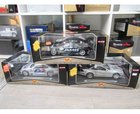 Three boxed Maisto GT Racing 1:18 scale diecast cars to include Mercedes-Benz SL55 AMG Safety Car, Mercedes-Benz CLK-DTM 2000