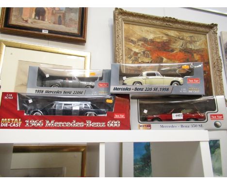 Four boxed Sun Star 1:18 scale diecast cars to include Mercedes-Benz 220 SE, 1958, Mercedes-Benz 350 SL, 1958 Mercedes Benz 2