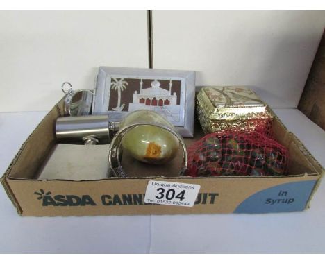 A mixed lot including trinket box, hip flask etc