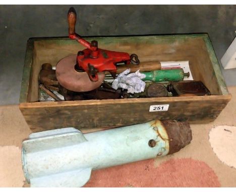A box of tools including Metabo hand grinder etc