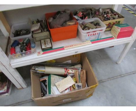 A large quantity of sewing and knitting items (one shelf and a box)