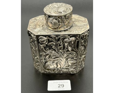 Antique 800 grade silver ornate raised relief tea box/ caddy. Hall marked to base. [12x10x6cm] 