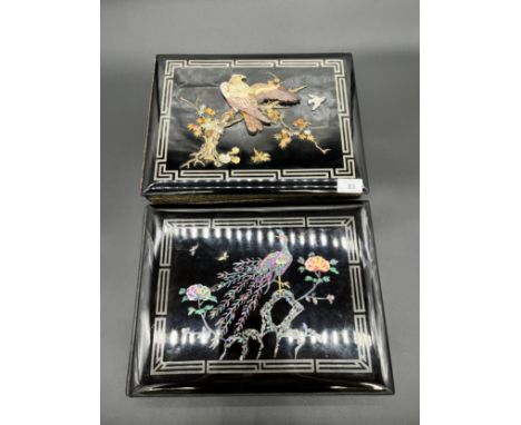 A Lot of two oriental lacquered photo albums, Both with silk and hand painted pages within, Designed with mother of pearl rai