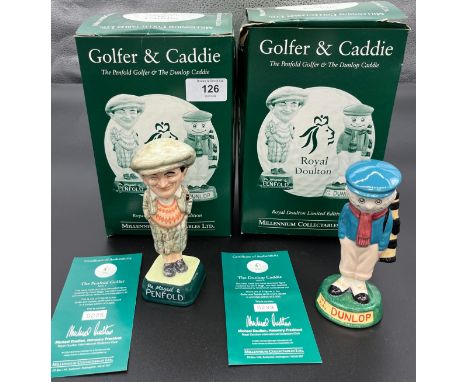 Two Royal Doulton golf figures 'The Penfold Golfer' &amp; 'The Dunlop Caddie' Both with certificates and boxes.  [14cm high] 