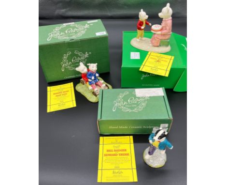 Three vintage Beswick Rupert bear figurines, 'Bill Badger, Rupert bear and Algy Pug Go- Carting and Happy Birthday' All have 