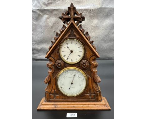 Antique hand carved mantel clock and barometer. Wooden case designed in a church style building. Arnold &amp; Lewis Mancheste