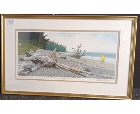 Framed print depicting a man walking along the beach titled "French Beach" Signed Cameron Thurbide, copy 138/ 475 (37x60cm) 