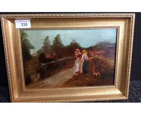 Oleograph depicting two women conversating on a bridge. [Gilt frame 25x34cm] 