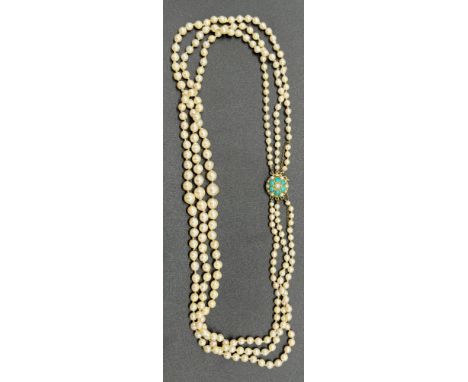A Vintage 9ct gold and pearl necklace. Clasp fitted with pearl and turquoise stones. 