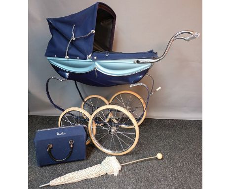 Childs Silver Cross vintage pram in blue with bag and umbrella [76cm handle height] 