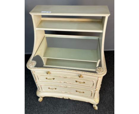 French dressing table, the raised shelved back above a mirror surface, pull-out ledge and two drawers, raised on cabriole scr