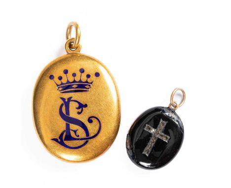 A Victorian enamelled yellow metal memorial pendant, oval with coronet above entwined initials 'LS', hair set panel to revers