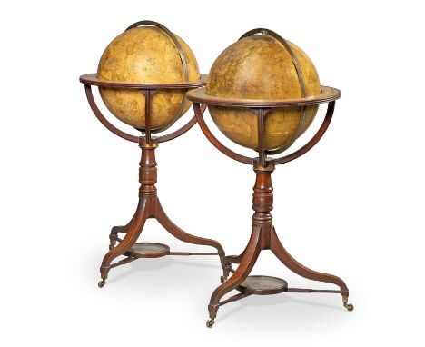 A pair of 18 inch terrestrial and celestial globes by W &amp; JM Bardin, circa 1807, each with engraved divided brass meridia