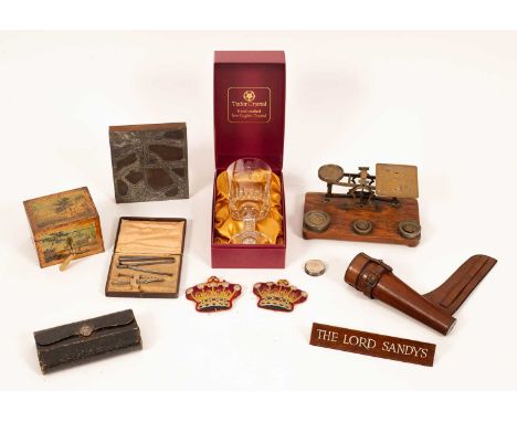 An interesting collection of Sundries to include a set of 19th Century postal or letter scales with five weights, the brass s