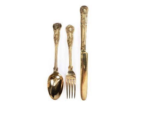 A Victorian King's pattern silver gilt Christening set, Mary Chawner, London 1839, initialled perhaps AFH, comprising knife, 